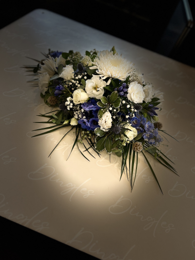Single Ended Spray - 2ft - Using fresh blue and white blooms, keeps this tribute looking fresh.