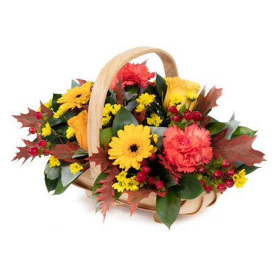 Autumn Hedgerow Basket - A collection of seasonal flowers and foliage arranged in a natural basket.
 Autumn Hedgerow Basket - A collection of seasonal flowers and foliage arranged in a natural basket.